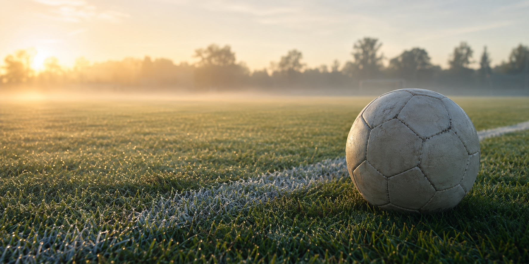 Ein Fußball auf einem Trainingsplatz im ersten Morgenlicht